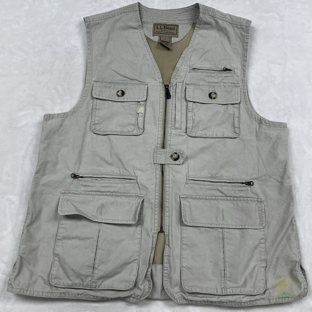 L.L. Bean Utility Vest Mens Large Regular Khaki Multi-Pocket Mesh Lined 261497
